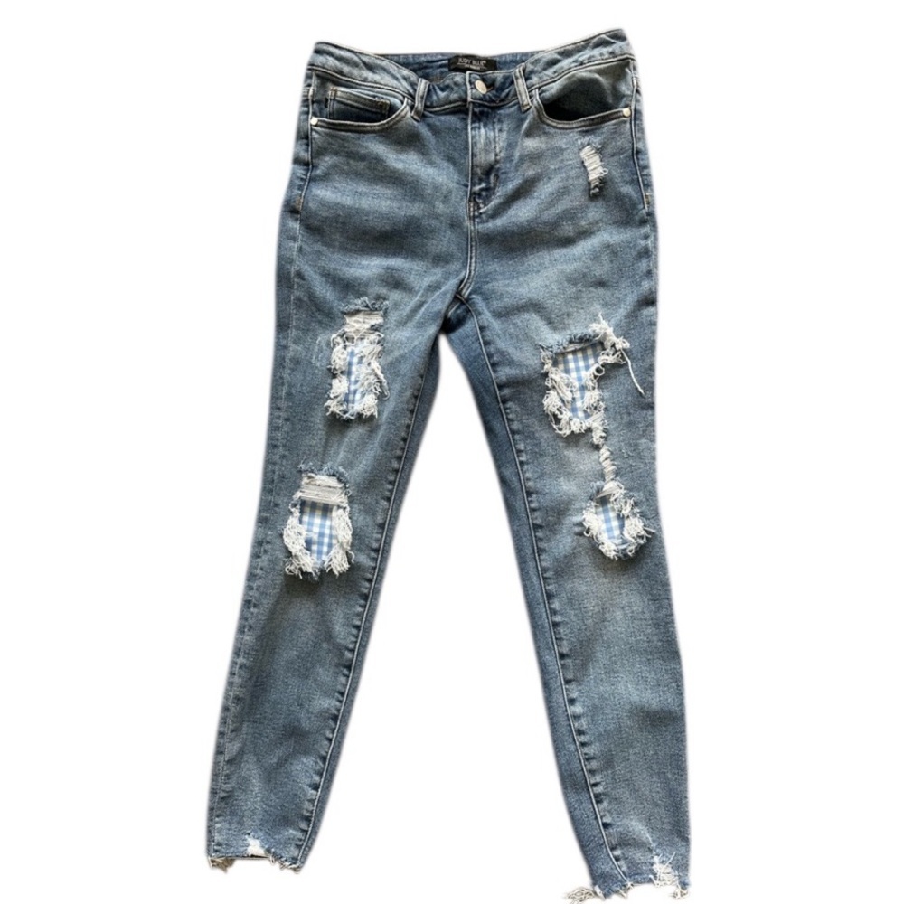 Judy Blue Jeans‎ Womens 9/29 Blue Skinny Blue White Plaid Patch Distressed Denim
